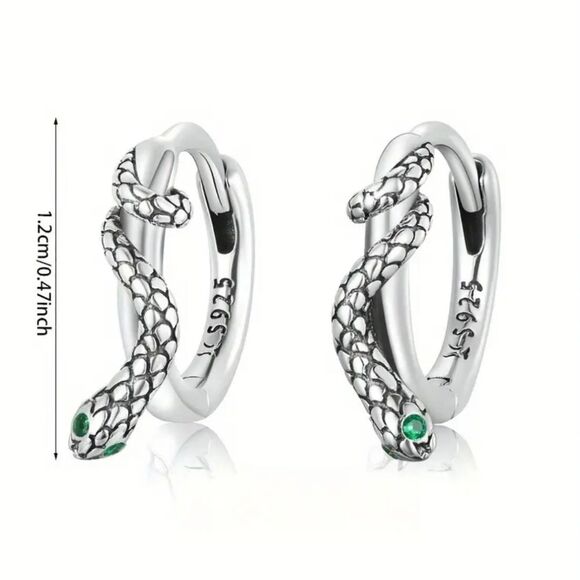 925 Silver Snake Hoop Earrings with Green Accents - Picture 4 of 5